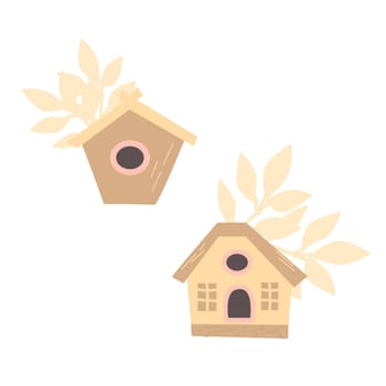 cute birdhouses with leaves for autumn fall background. Vector illustration isolated. Can used for greeting card, poster, wallpapers.