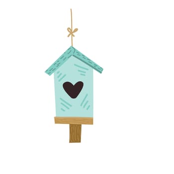 Spring birdhouse of wood - Hand drawn vector illustration isolated, blue color. Vector illustration can used for greeting card, template for banner, postcard.