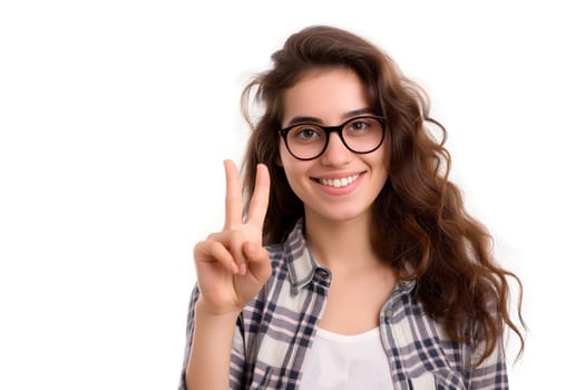 Attractive young adult woman on white background showing victory gesture. Neural network generated image. Not based on any actual person or scene.