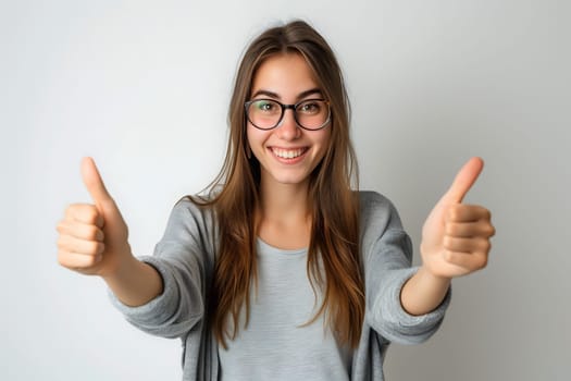 Attractive young adult woman on white background showing thumbs up gesture. Neural network generated image. Not based on any actual person or scene.