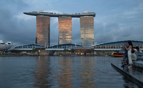 Marina Bay, Singapore - June 04, 2023 - The view of Marina Bay Sands Hotel at sunset