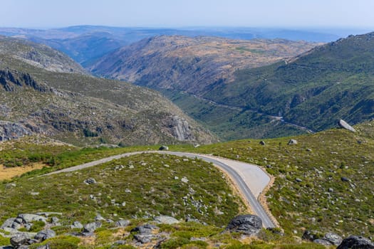Landscape of the Serra da Estrela mountain range, along road, in Portugal