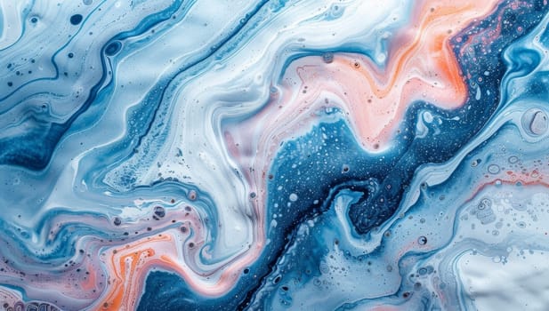 Marbled blue and orange abstract background. Liquid marble ink pattern.
