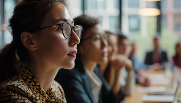 Side view of young businesswoman in eyeglasses looking away while sitting in conference hall