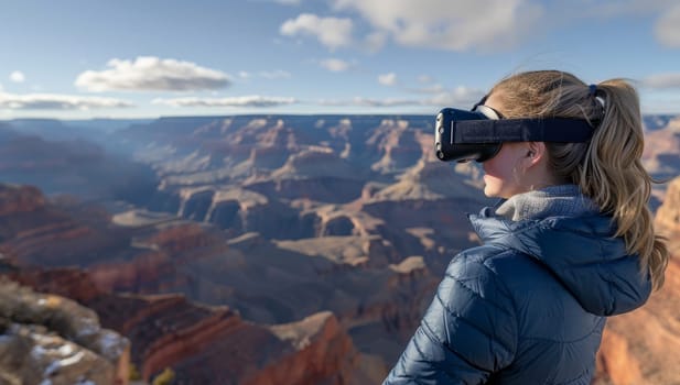 Woman experiencing scenic canyon landscape through virtual reality technology