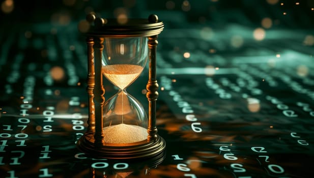 Time concept with hourglass and binary code. 3D Rendering