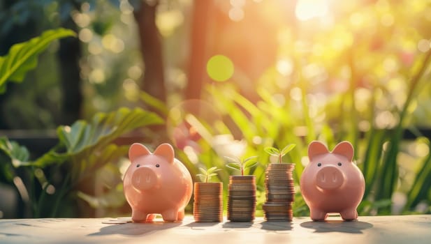 Piggy bank and coins in the garden, saving money for the future.