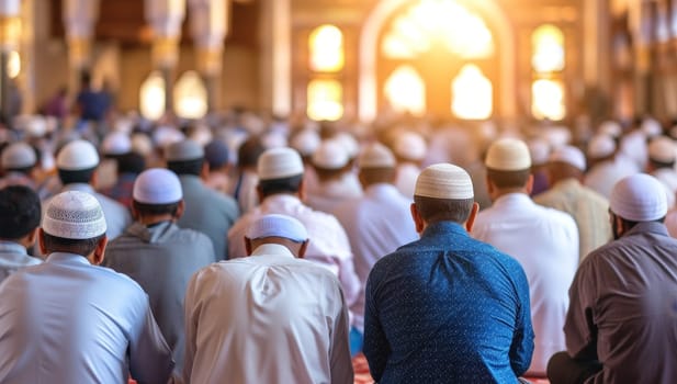 Group of men engaged in prayer inside a grand mosque