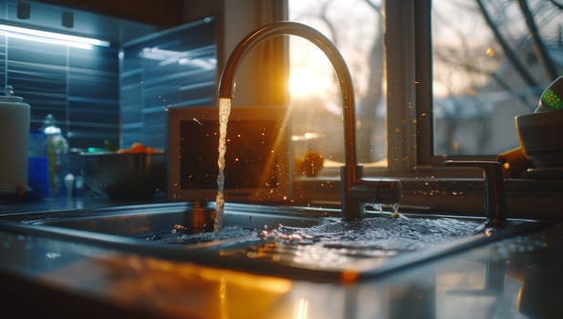 Sunset light illuminates a running kitchen faucet