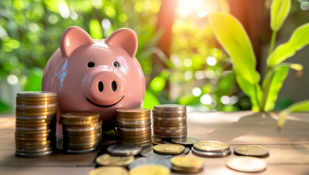 Piggy bank and coins on wooden table with nature background.