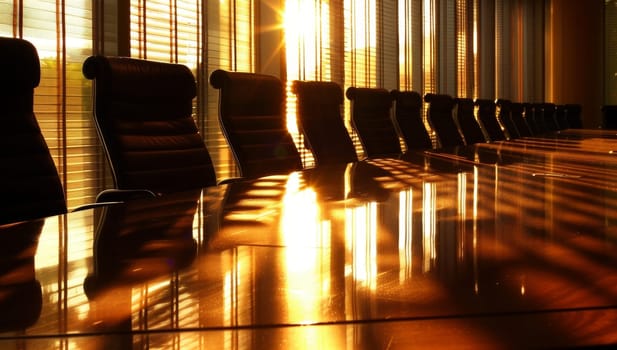A row of chairs in a meeting room at sunset with sunbeams