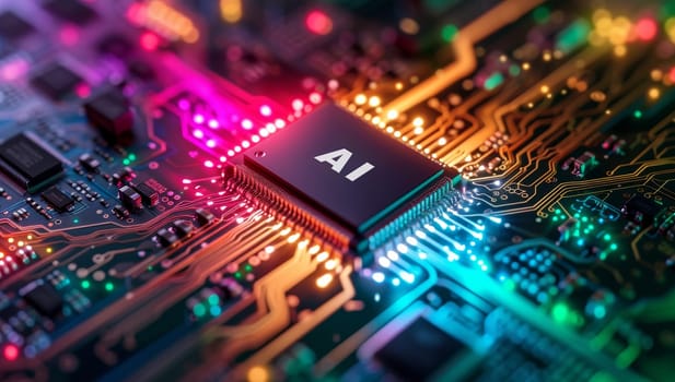 AI chip illuminating a colorful circuit board