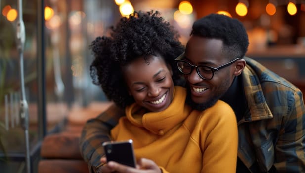 Cheerful african american couple using mobile phone in cafe