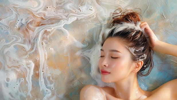 Portrait of beautiful young asian woman take a bath with foam.