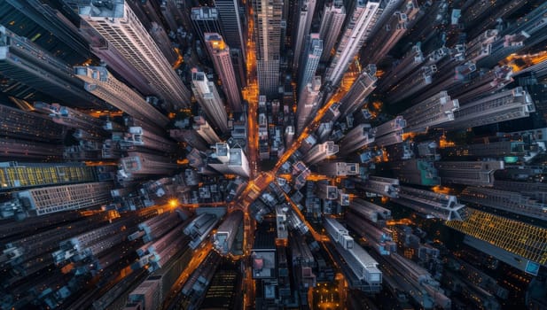 Aerial view of skyscrapers at night.