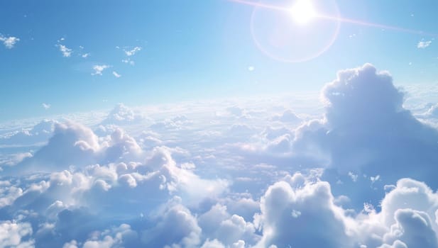 Sunlight pierces through fluffy clouds in a bright blue sky
