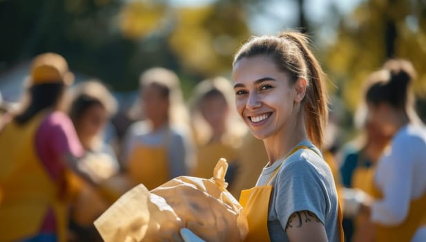 Young woman volunteer holding garbage bag and smiling