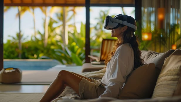 Young woman wearing virtual reality goggles sitting on the sofa at home.