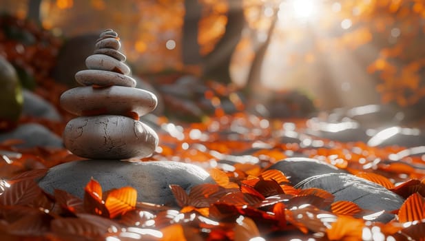 zen stones in the autumn forest with sun rays and bokeh
