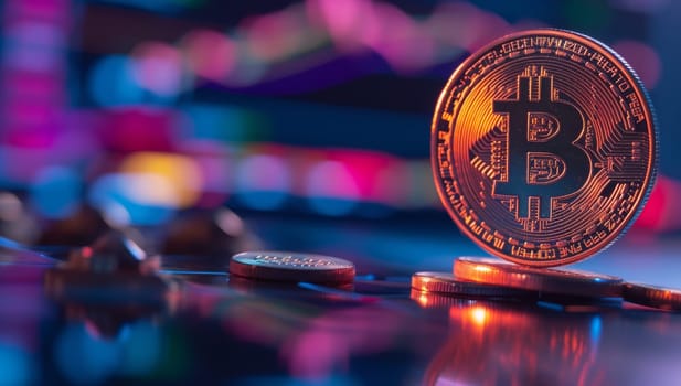 Bitcoin cryptocurrency coin with colorful bokeh background. Cryptocurrency concept.