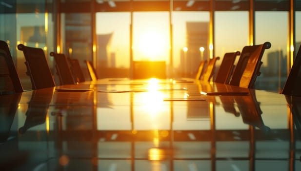 Table and chairs in modern conference room at sunset