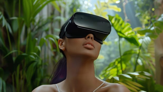 Beautiful asian woman wearing virtual reality goggles in the garden.