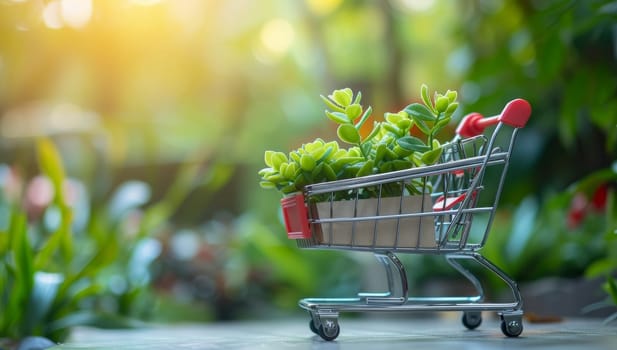 Miniature succulents in a shopping cart in a lush garden