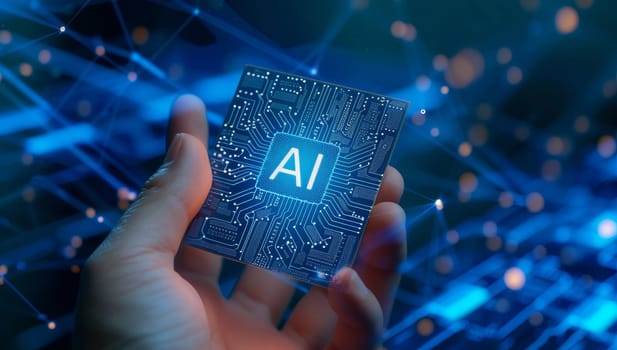Hand holding AI chip with glowing circuits