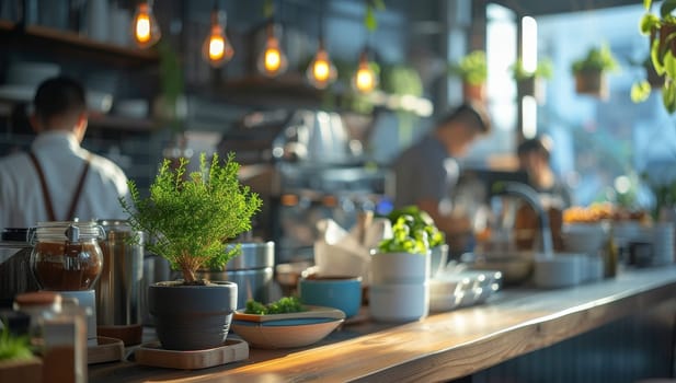Coffee shop interior with plants in pots and male barista
