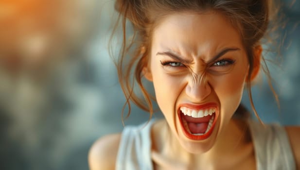 Screaming young woman on blurred background, closeup. Domestic violence concept