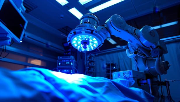 Equipment and medical devices in operating room take with art lighting and blue filter