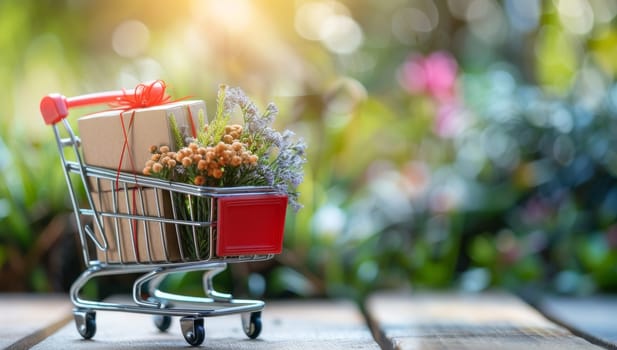 Shopping cart with gift box and flower on wooden table in the garden