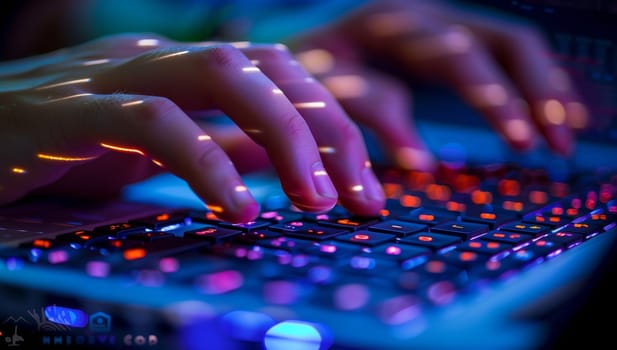 Womans hands swiftly typing on a glowing laptop keyboard