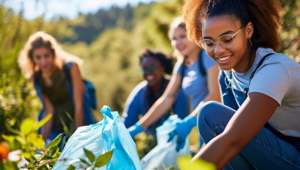 Volunteers collecting plastic waste in sunny field
