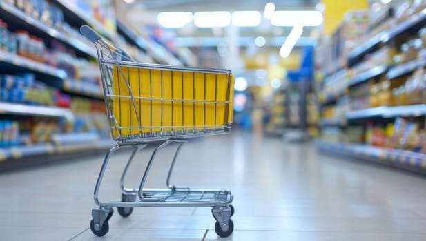 Shopping cart alone in a brightly lit supermarket aisle