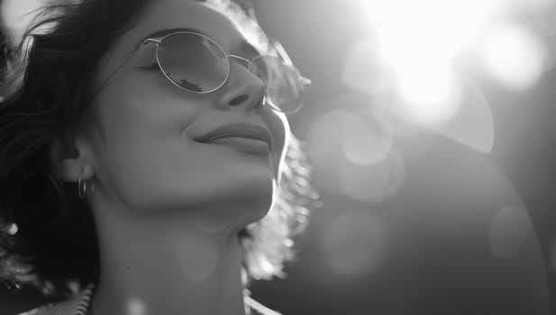 Black and white portrait of a woman with sunglasses on her face