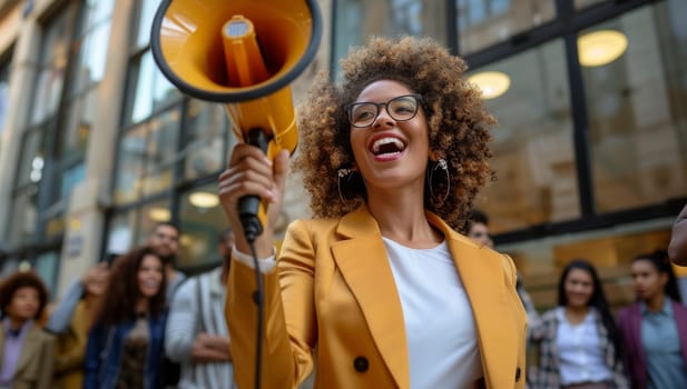Cheerful african american woman with megaphone in city
