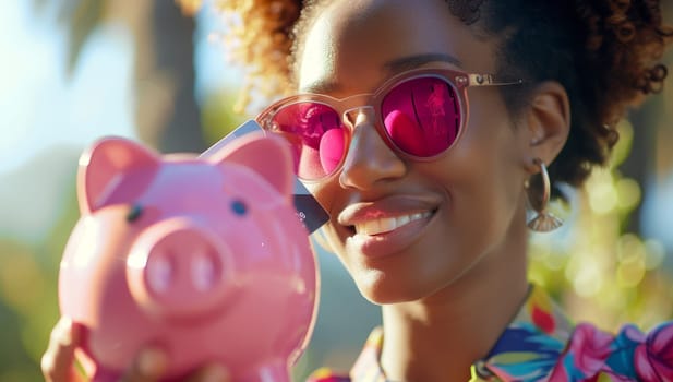 Beautiful african american woman in sunglasses with piggy bank