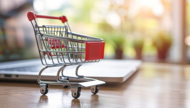 Shopping cart and laptop on wooden table, online shopping concept.