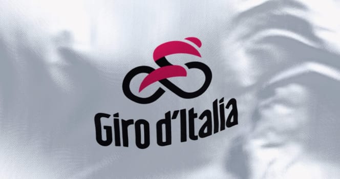Milan, It, Feb. 20 2024: Close-up of Giro d'Italia flag waving in the wind. Annual annual multiple-stage bicycle race. Illustrative editorial 3d illustration render. Textured background