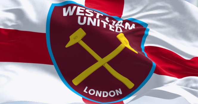 London, UK, Jan 3 2024: Close-up of West Ham United F.C. flag waving in the wind on a clear day. English football club based in London. Illustrative editorial 3d illustration render