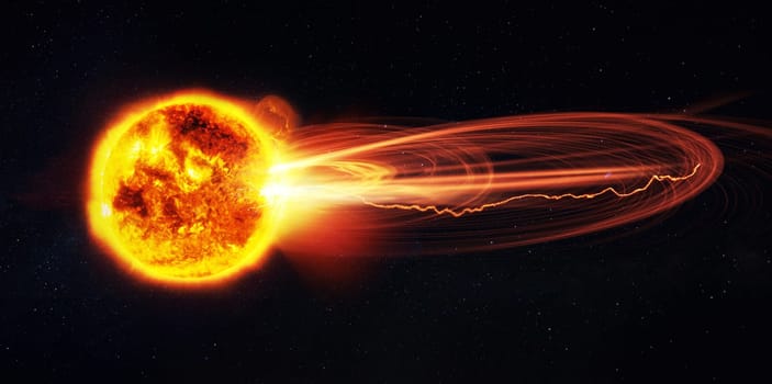 Magnetic flare on the sun. A strong explosion with plasma ejection on the sun in stellar space. Radio signal shutdown on planet earth