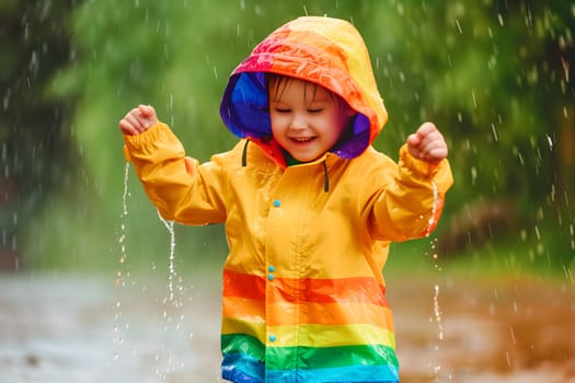 Happy child in colorful raincoat enjoying rain. Neural network generated image. Not based on any actual person or scene.