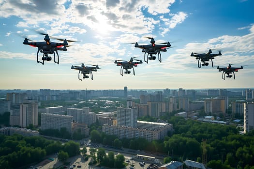 Group of drones over city at summer day. Neural network generated image. Not based on any actual scene or pattern.