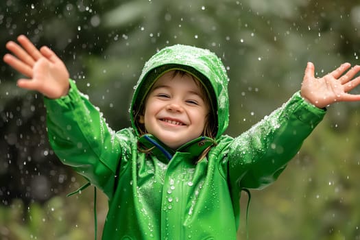 Happy child in green raincoat enjoying rain. Neural network generated image. Not based on any actual person or scene.