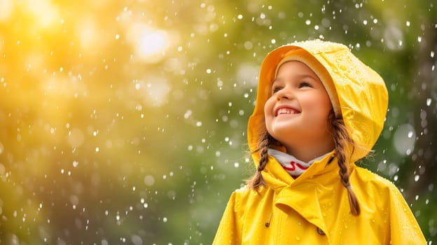 Happy child in yellow raincoat enjoying rain. Neural network generated image. Not based on any actual person or scene.