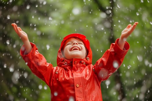 Happy child in red raincoat enjoying rain. Neural network generated image. Not based on any actual person or scene.