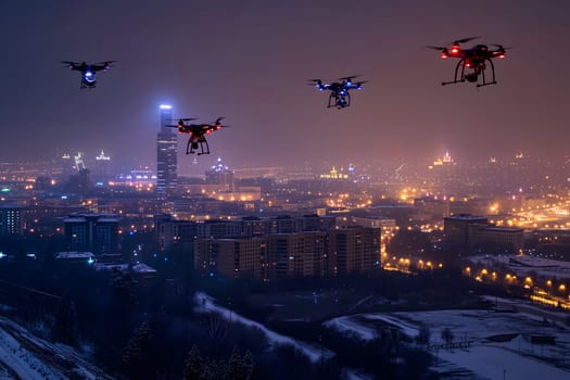 Group of drones over city at snowy winter night. Neural network generated image. Not based on any actual scene or pattern.