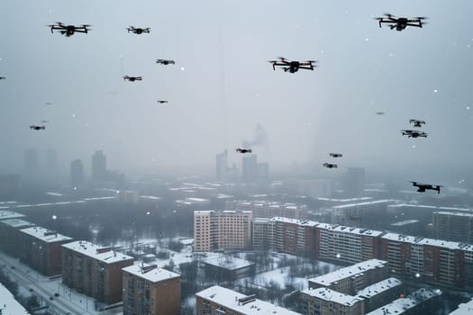 Group of drones over city at winter day or morning. Neural network generated image. Not based on any actual scene or pattern.