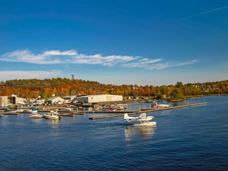 Georgian Bay of Lake Huron, Canada - October 20, 2018: Autumn landscape on Lake Huron, view of the coastal city from the bay.